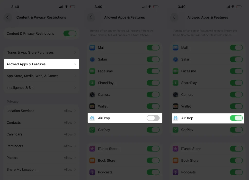 Turn on airdrop in Allowed Apps & Features screentime setting on iPhone