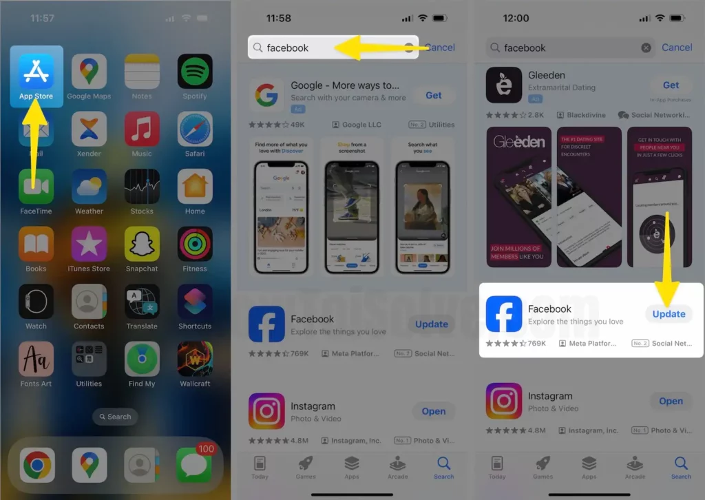 Open App Store Search Facebook Tap on Update next to Facebook on iPhone