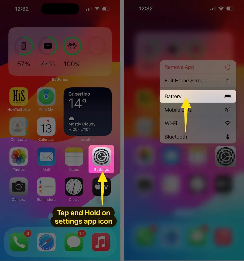 Tap And Hold On Settings App Icon On iPhone and choose battery
