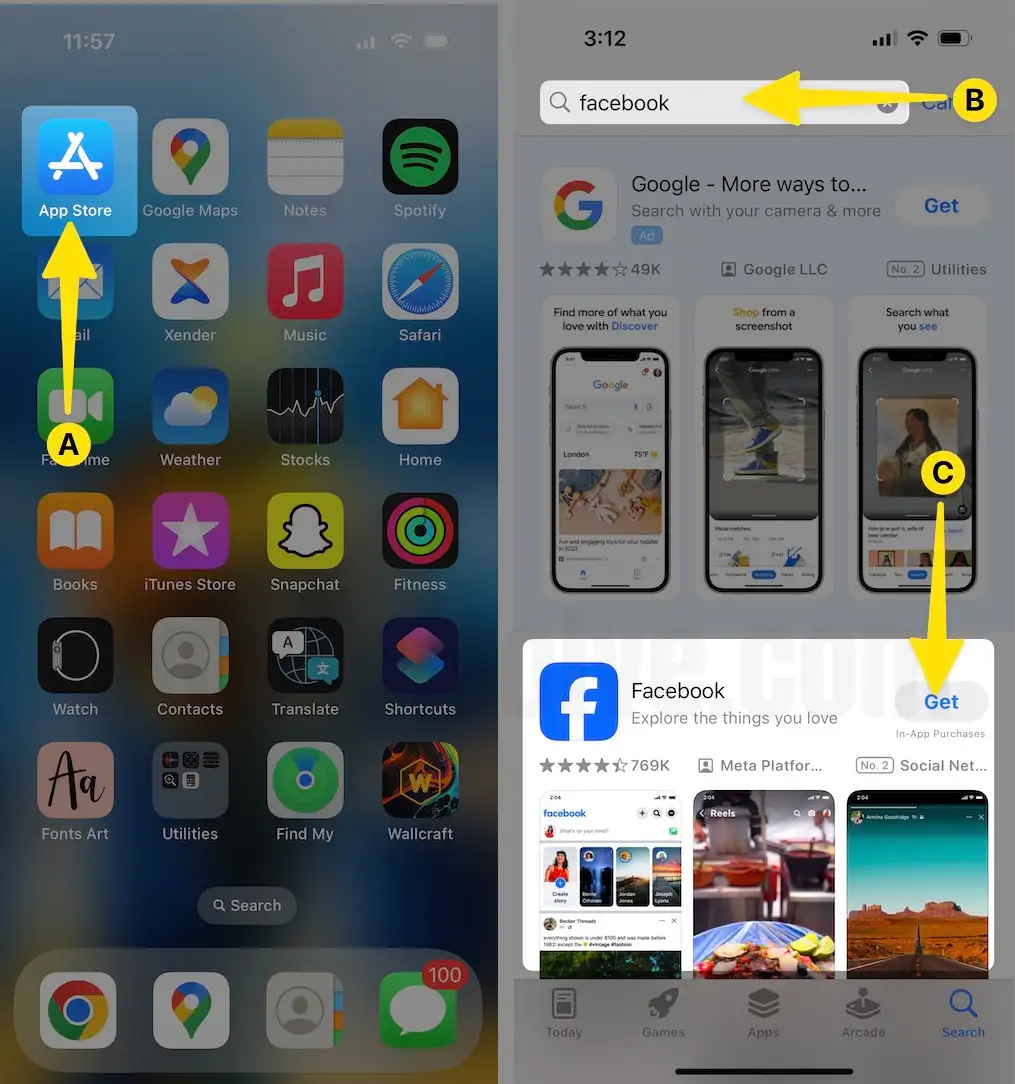 Open Facebook App Search Facebook Tap on Get next to App on iPhone