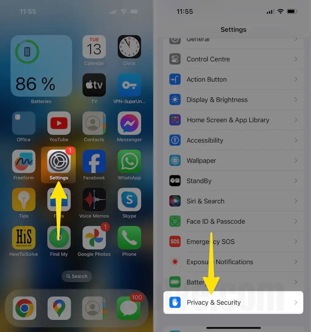 Open Settings App Tap on Privacy & Security on iPhone