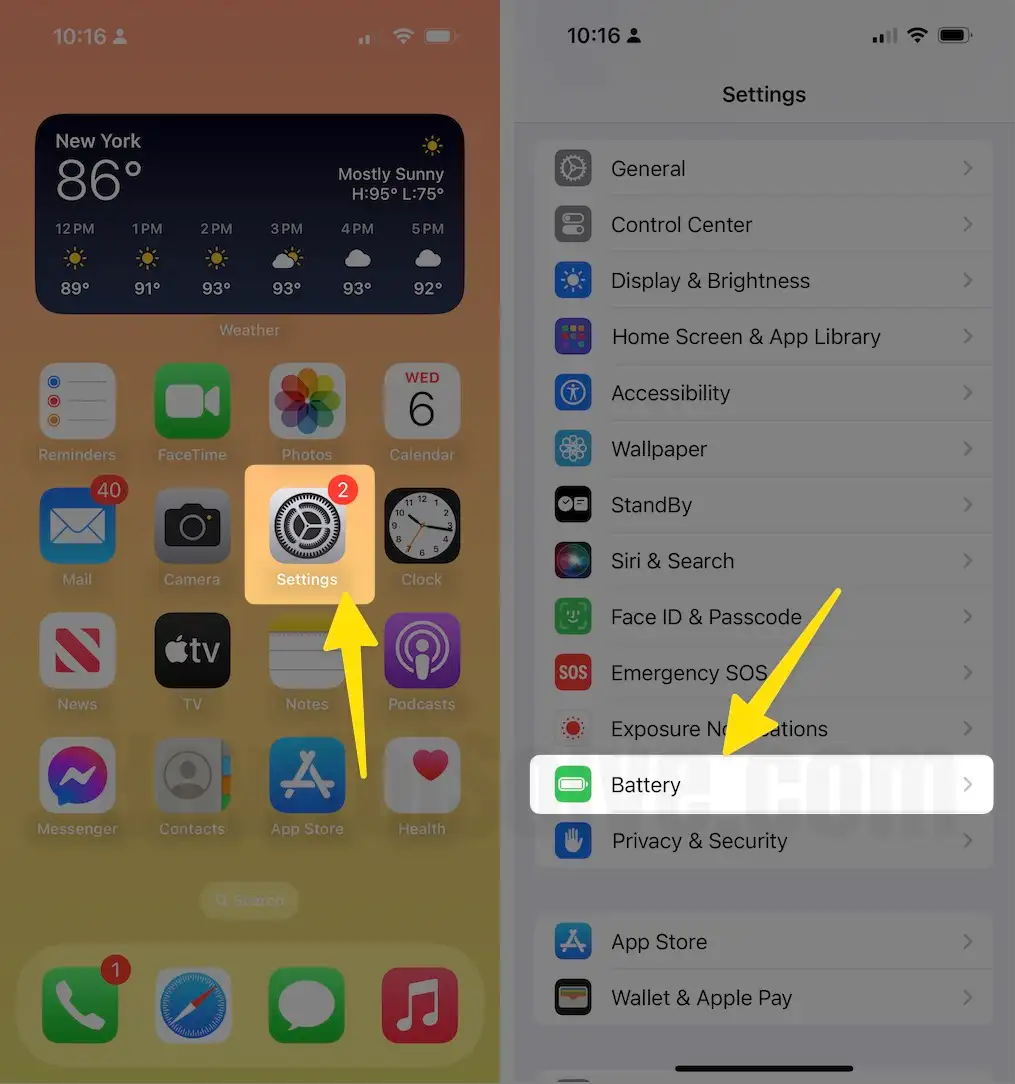 Open the settings swipe down and scroll the battery on iPhone