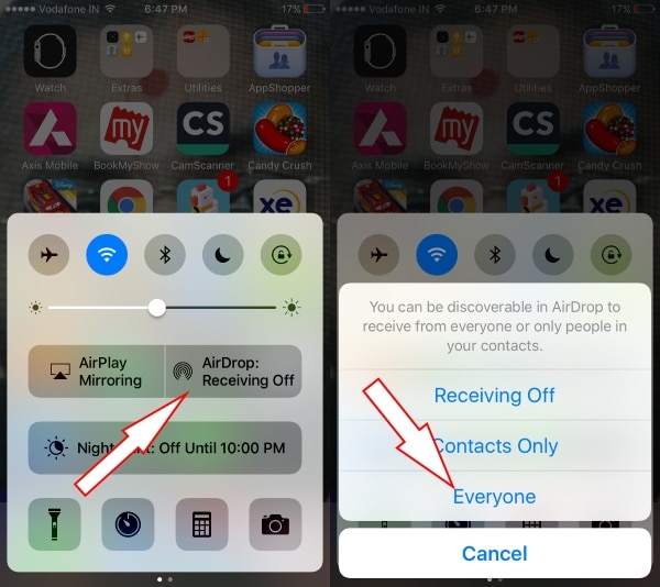 Turn on Airdrop on iPhone iPad control center