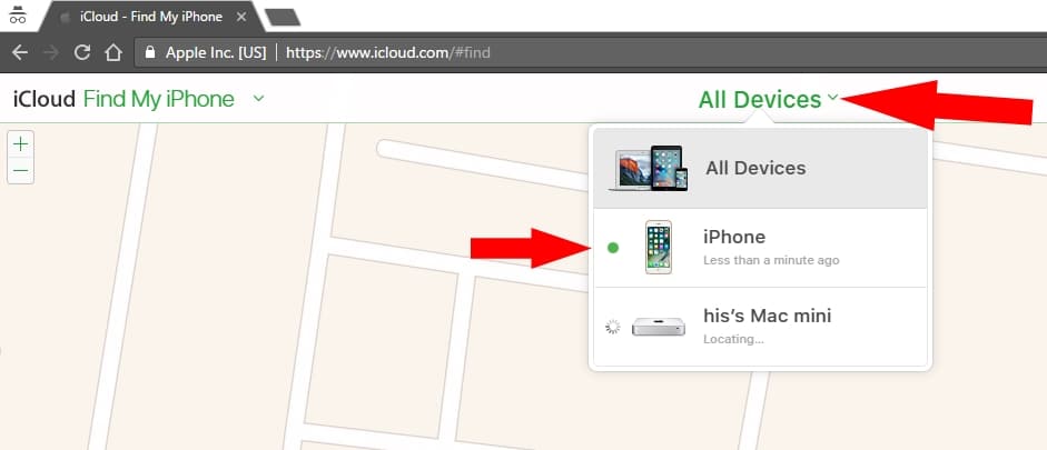 Find iPhone under icloud account devices list