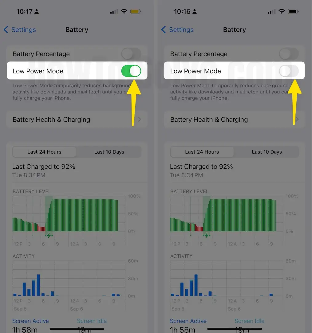 Disable toggle off low power mode on iPhone