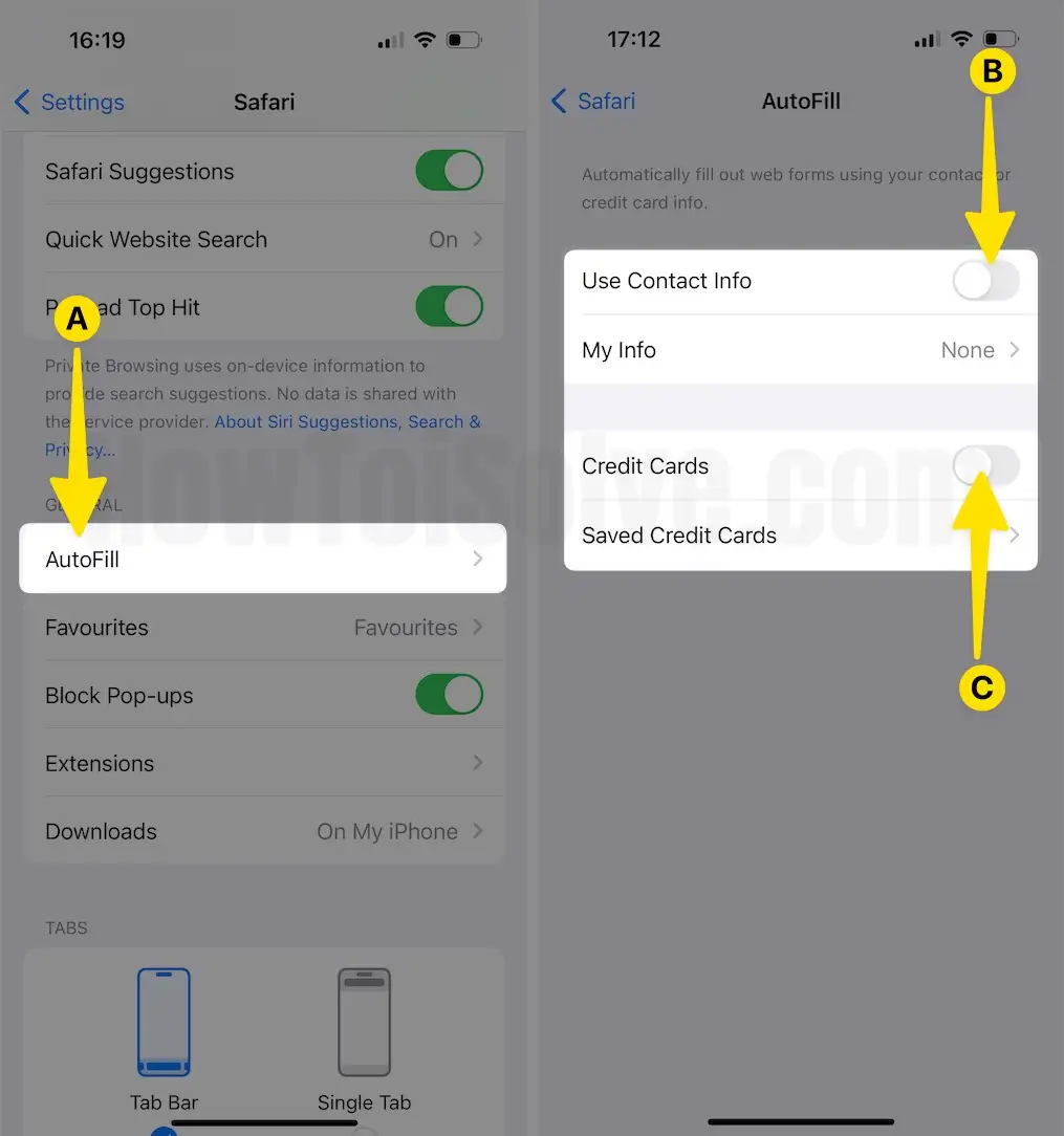 Select Autofill Disable Contact Info Disable Credit Cards on iPhone