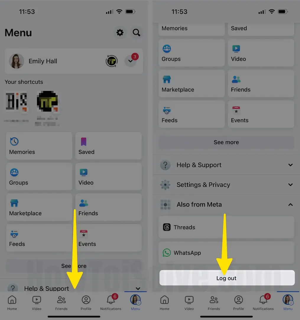 Swipe Down to Select Log out on iPhone