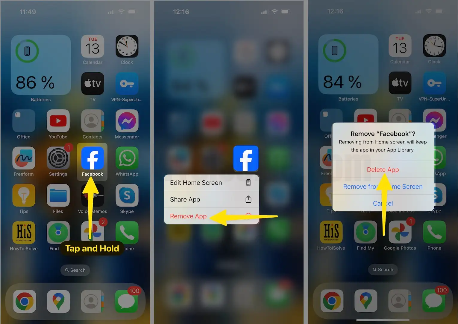 Tap and Hold Facebook App Select Remove App Tap on Delete App for Confirmation on iPhone