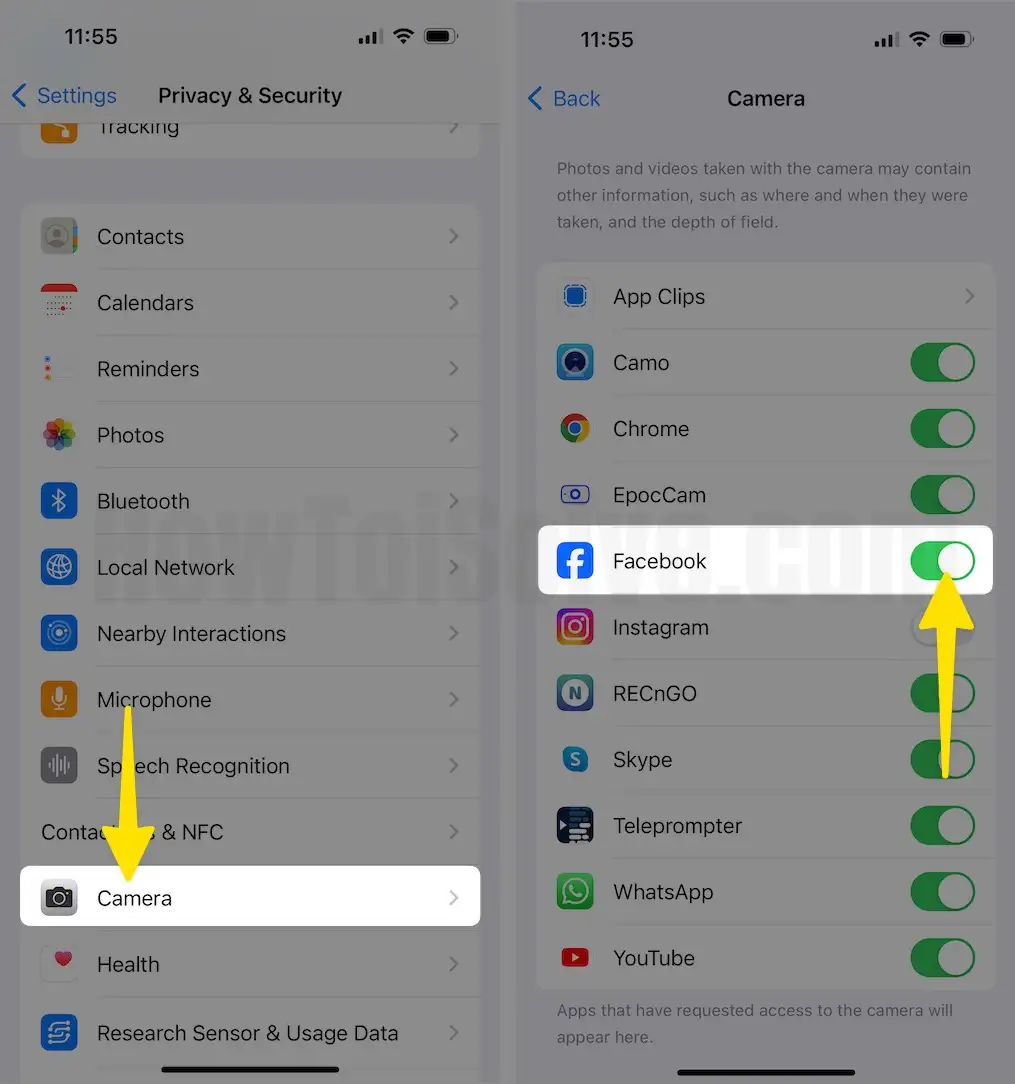 Tap on Camera Enable Facebook on iPhone