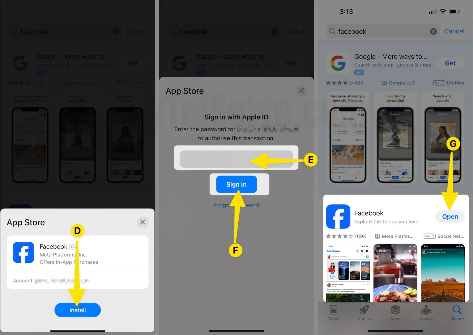 Tap on Install Enter Password to Sign in Click on Open next to Facebook app on iPhone