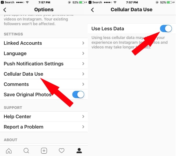 3 Enable Use Less Cellular Data on instagram settings