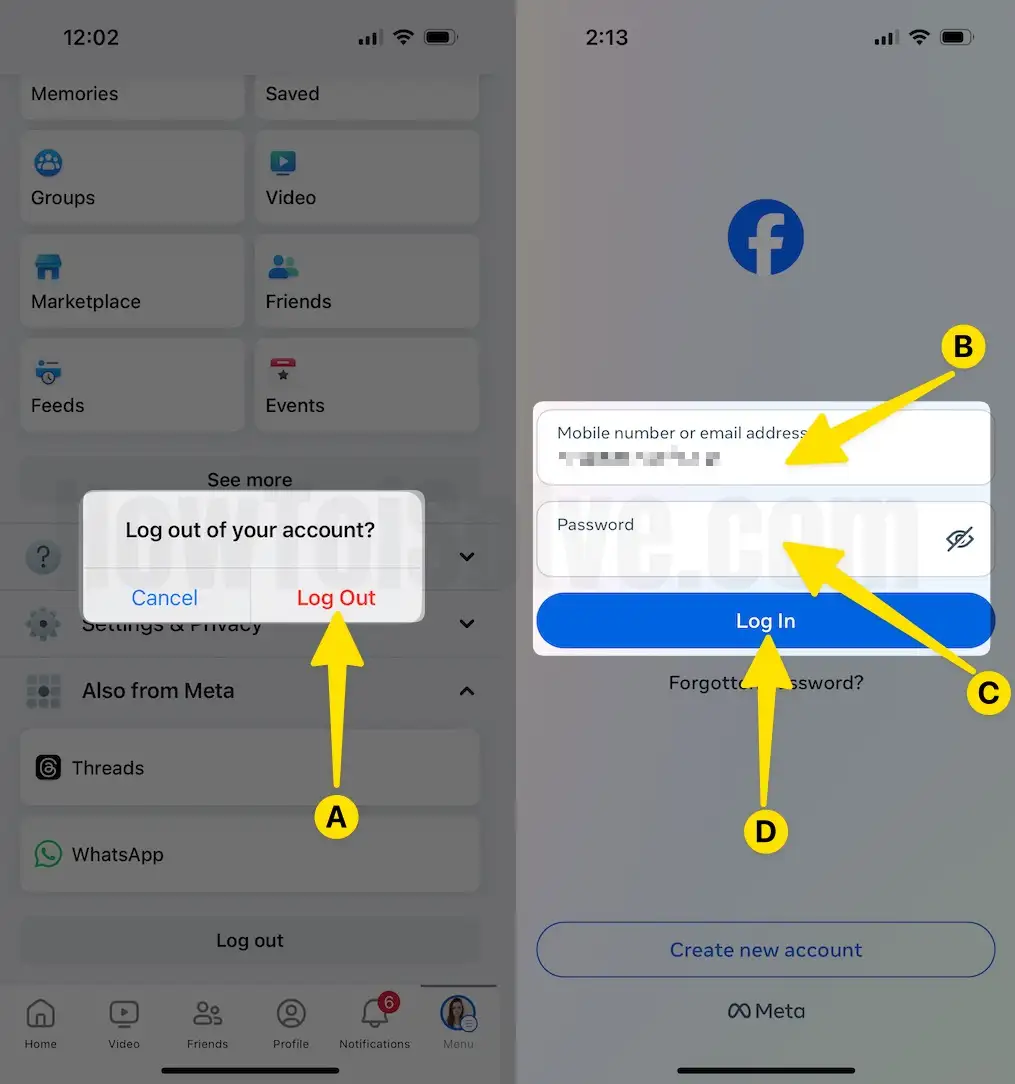 Tap on Log out to Confirm Re- Login Account on iPhone