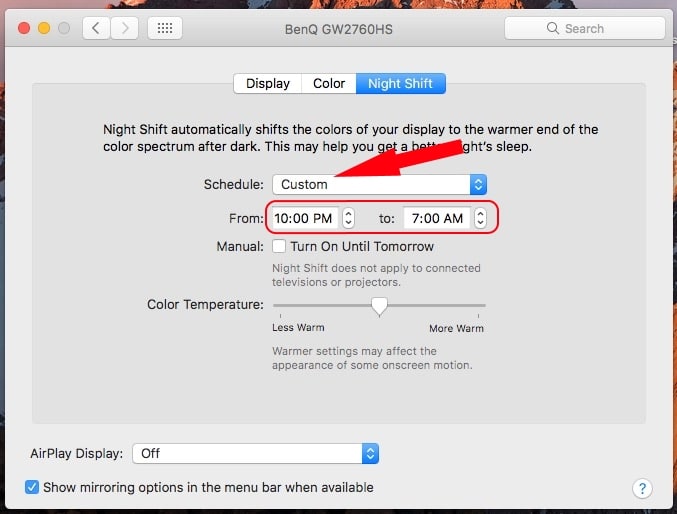 Set custom time schedule for enable night shift on Mac