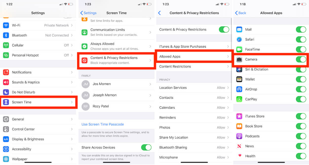 Enable Camera for Facebook Under the Screen time on iPhone