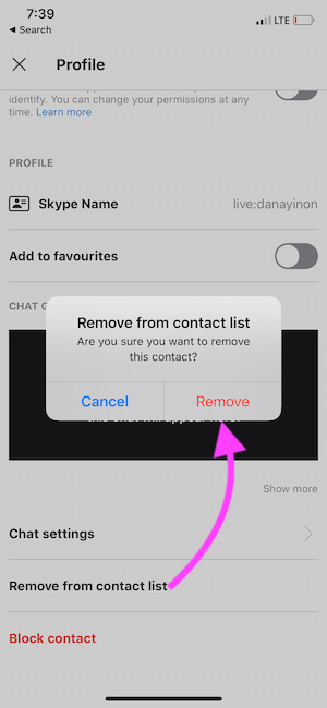 Remove Skype contact from contact list on iPhone