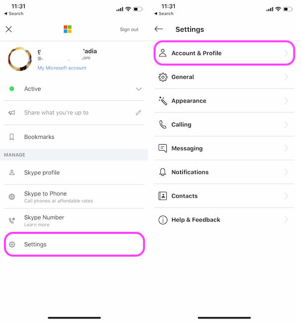 opção de conta e perfil do Skype no aplicativo para iPhone