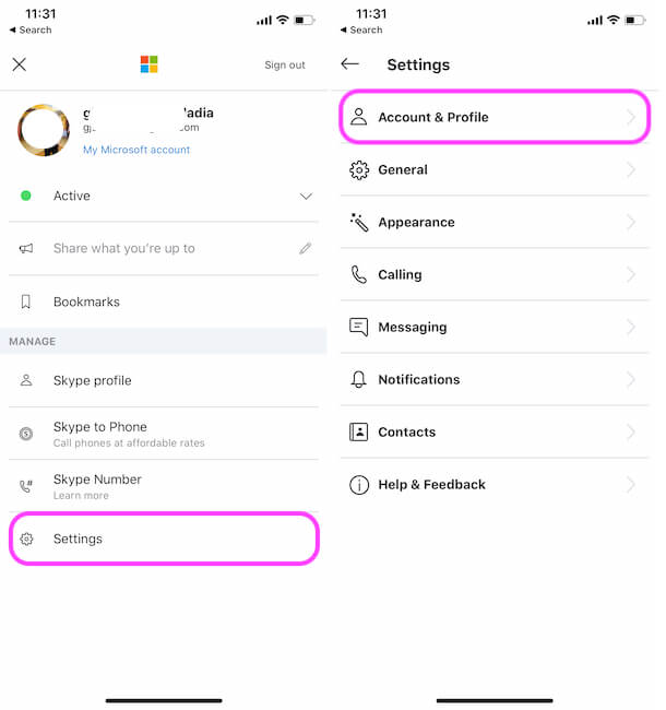 contul Skype și opțiunea de profil din aplicația iPhone