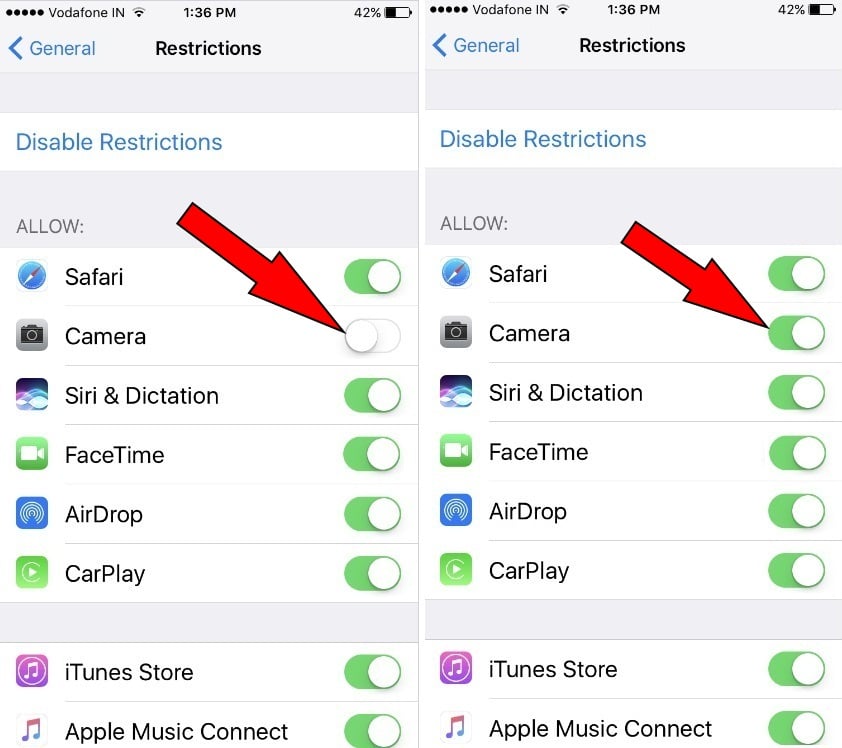 How to disable camera app restrictions in iPhone iOS 10