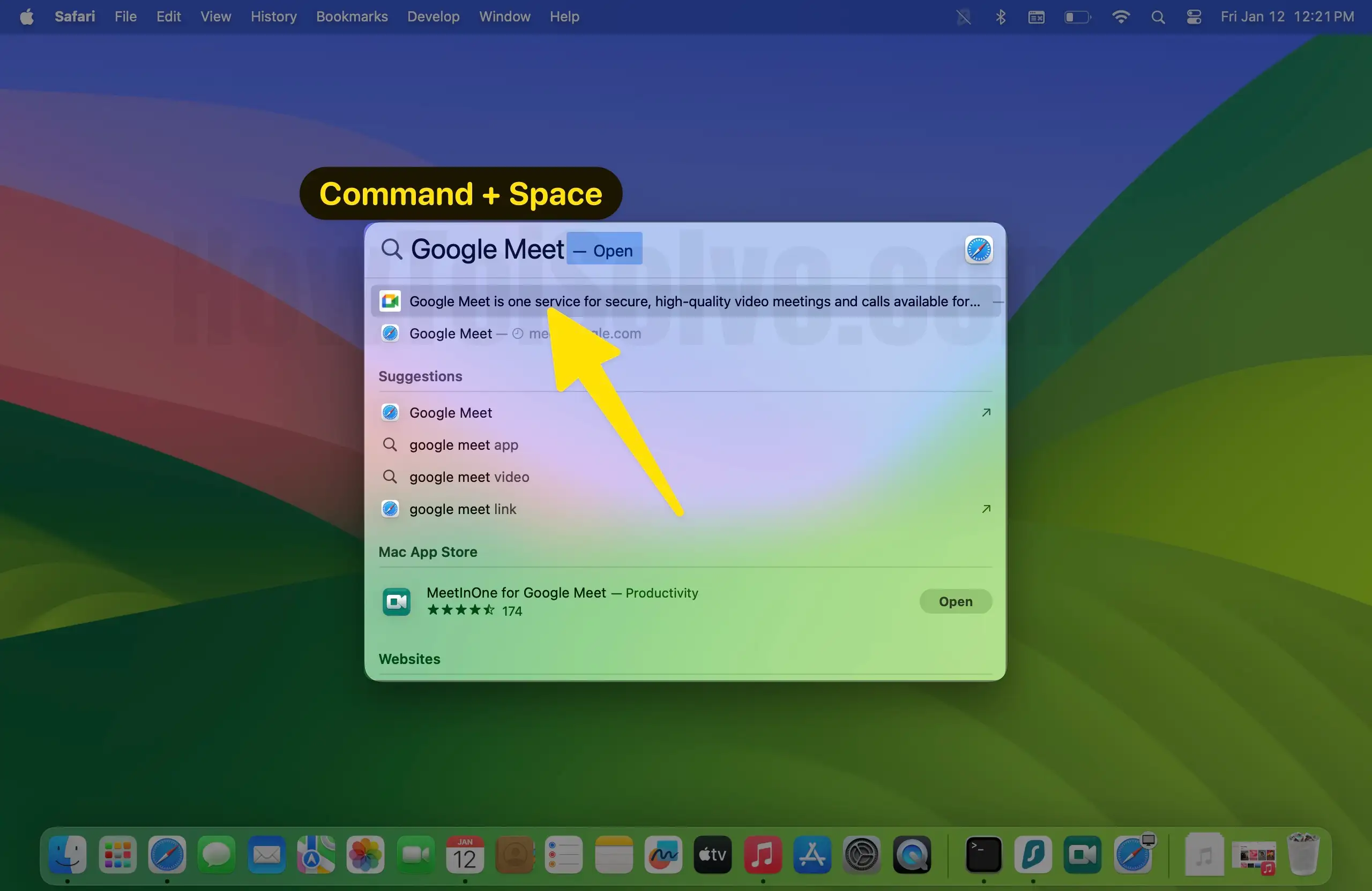 Command + space google meet on mac