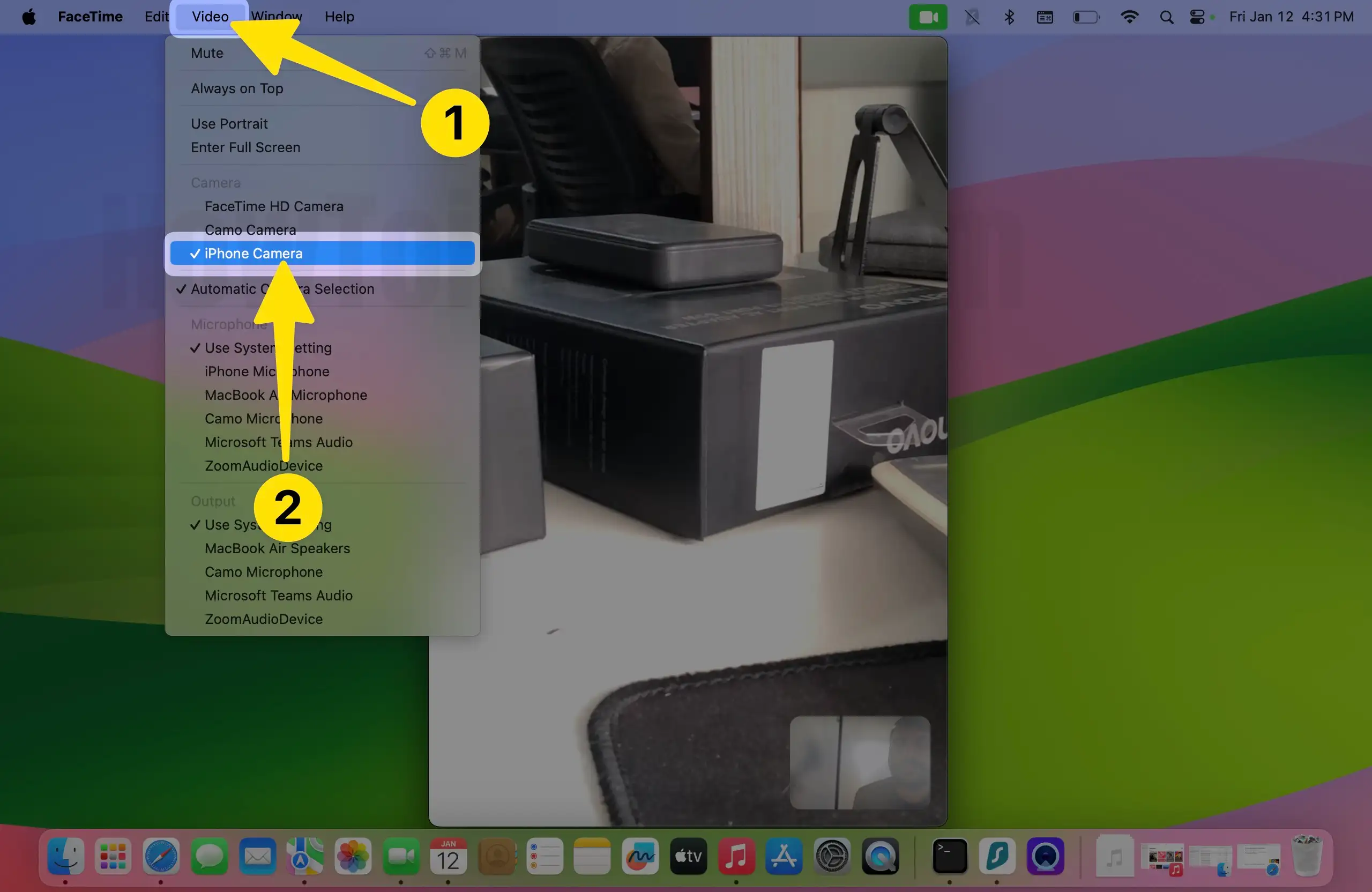 Open Facetime click on video at menubar select iPhone camera on mac