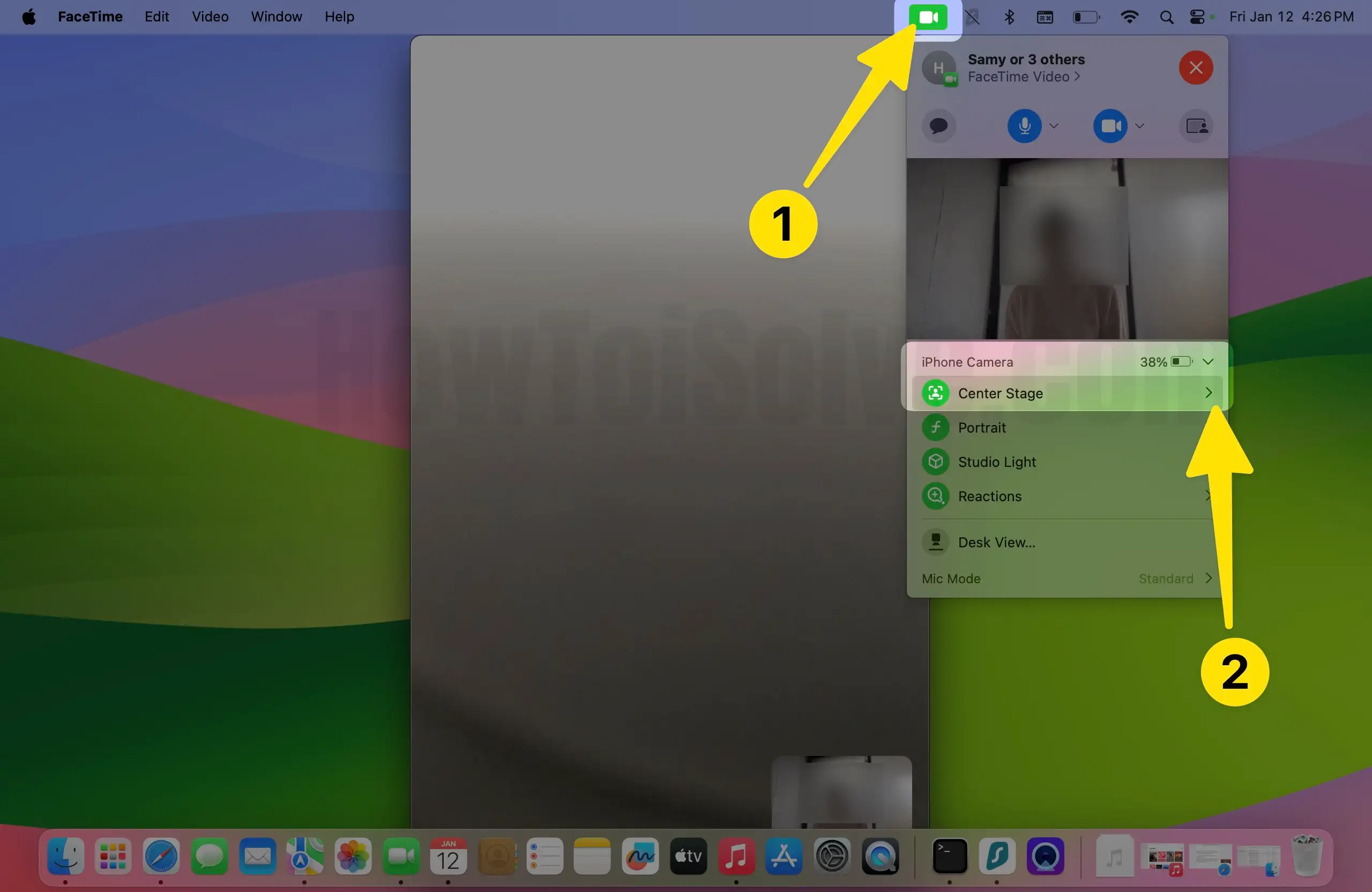 Select Facetime icon at menubar choose center stage under iPhone camera section