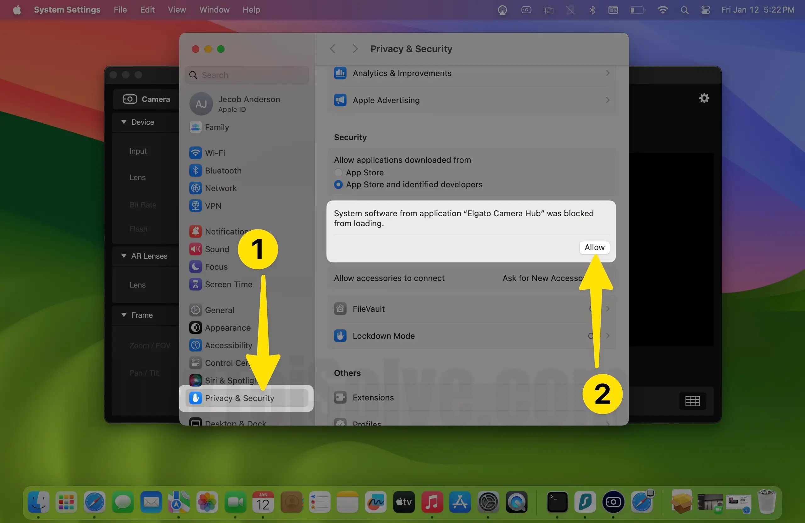 Click on privacy & security from the pop-up to tap on allow on mac