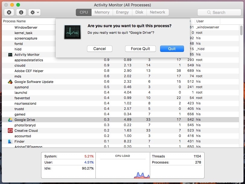 Select Runningapp on Mac for Force quite using Activity monitor