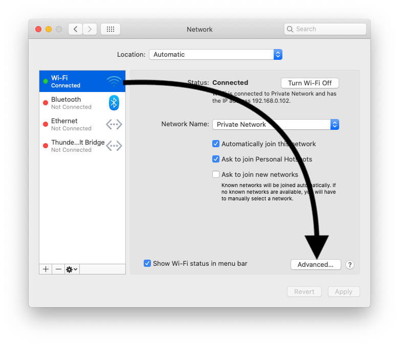 Find Advanced WiFi settings on MacBook Mac