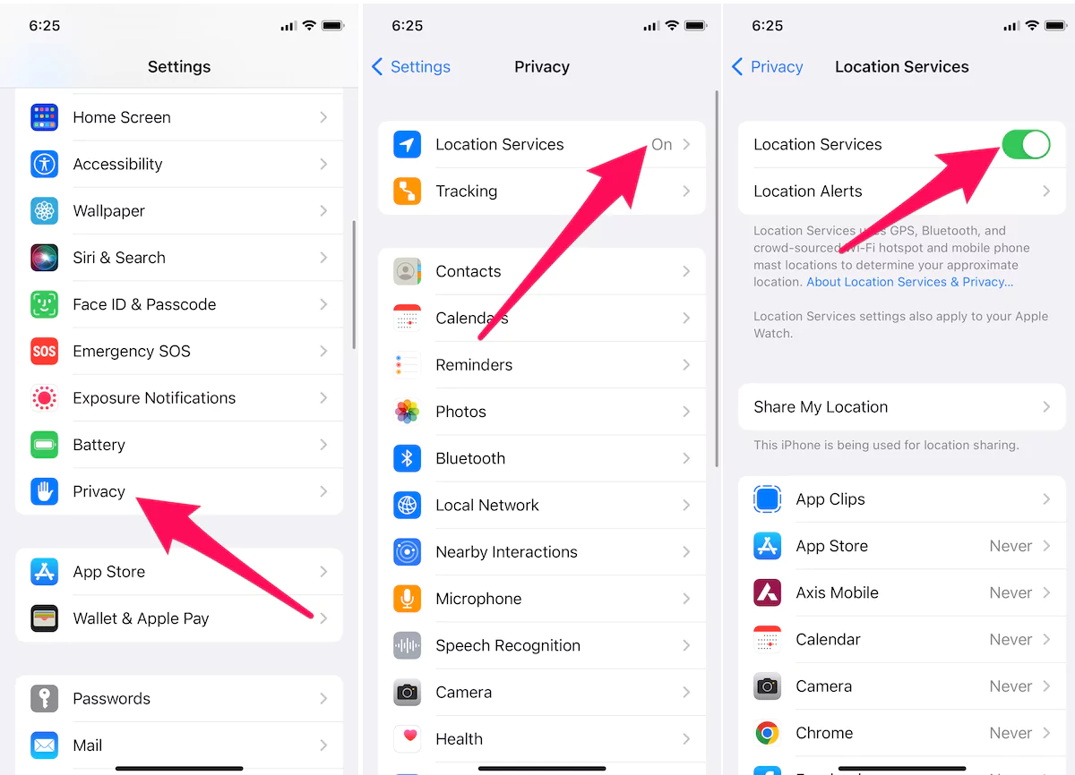 click-on-privacy-next-choose-location-services-and-turn-location-service-toggle-on-iphone