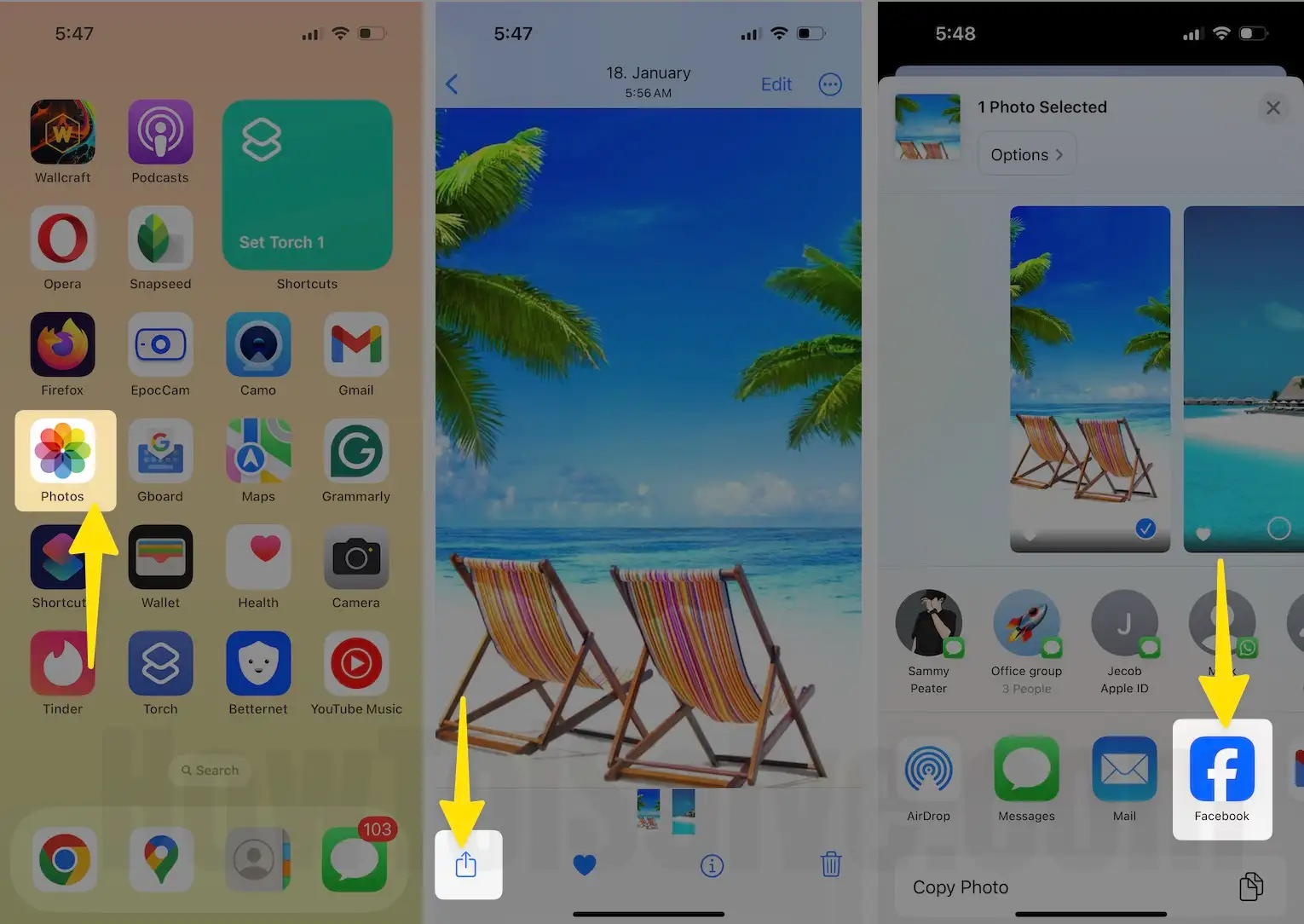 Open Photo app tap select Photo click share icon select facebook app on iPhone