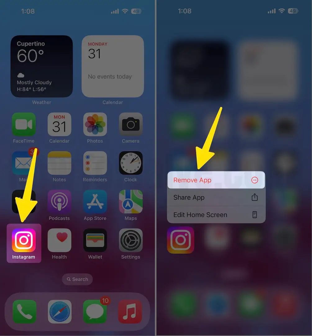 Press and hold on instagram app and click on remove app to delete form iPhone