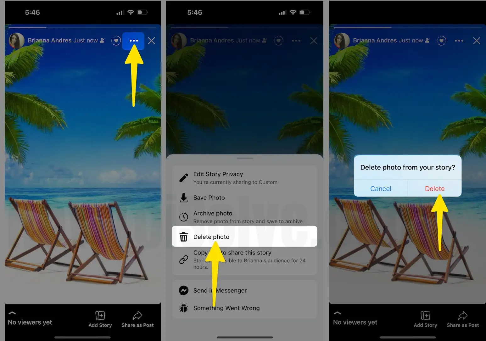 Tap three icon select delete photo choose delete on iPhone