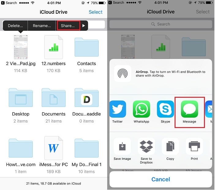 3 Share or send file from iCloud drive iPhone app to Mac via iMessage app