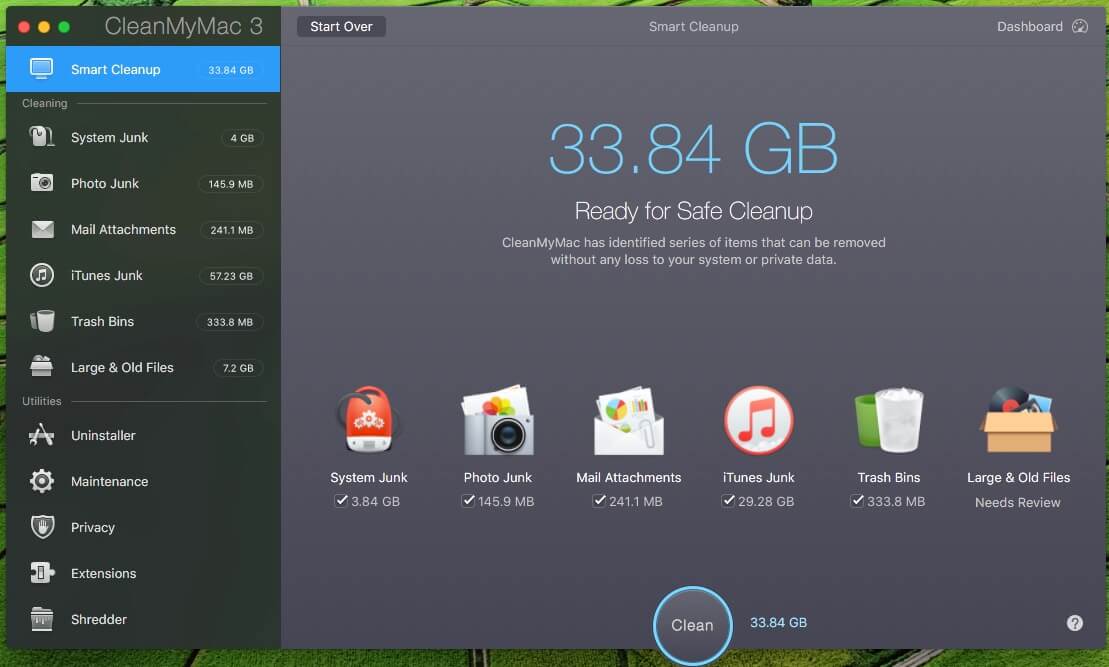 Начать процесс очистки в Clean My mac 3