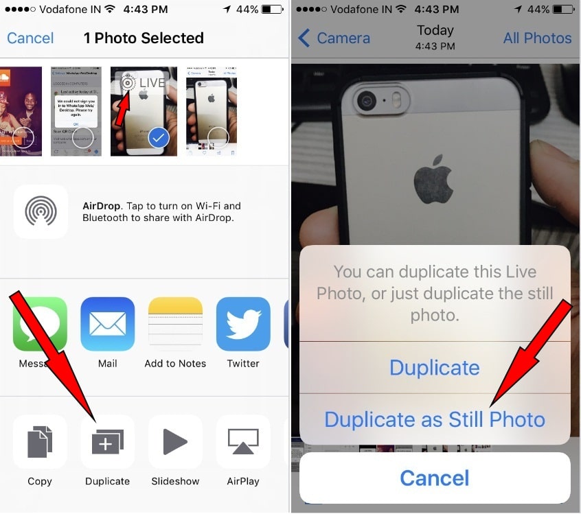 SELECT Duplicate as Still photo Ios 10 on iPhone