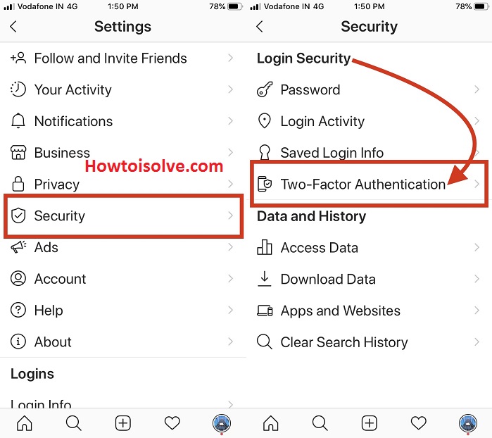 tap security and tap two factor authentication for Instagram on iPhone iOS
