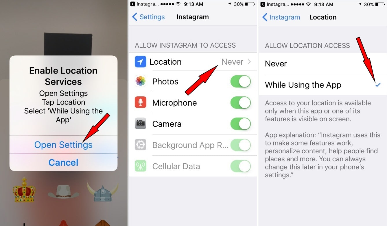 turn on location Services for Instagram Geostickers on iPhone