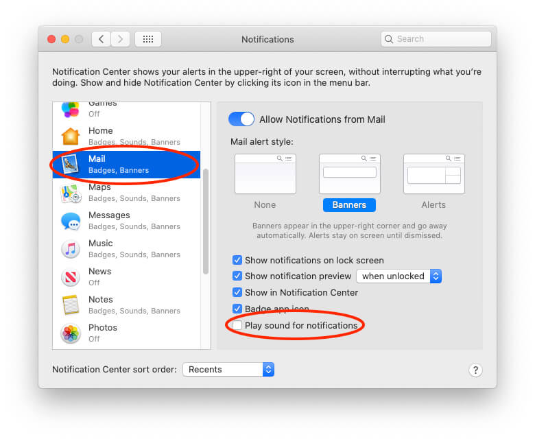 Mail Notifications settings on Mac