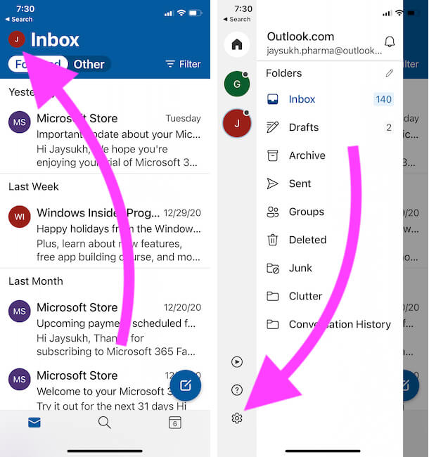 Настройки Outlook на iPhone