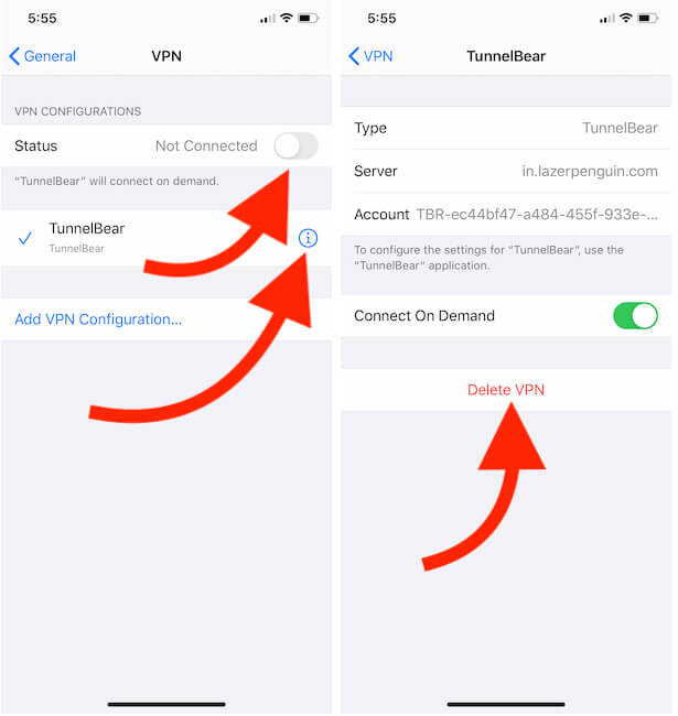 Удалить VPN или удалить профиль VPN на iPhone