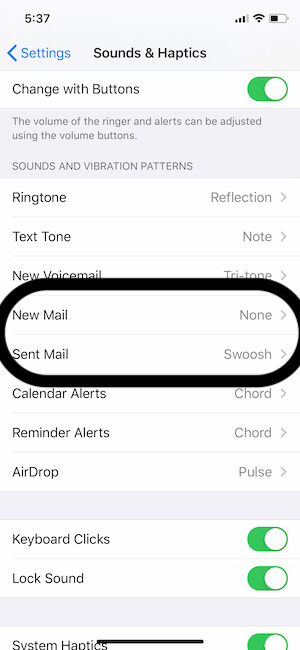 Settings for Mail Sound on iPhone