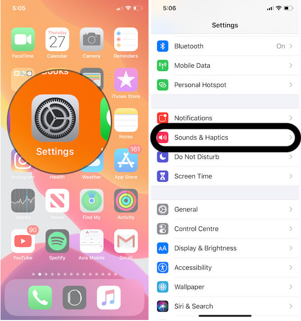 Sound and Haptics settings on iPhone