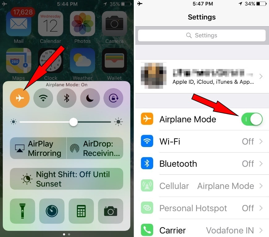 enable disable Airplane mode on iPhone 7 pLus or later iOS 10.3