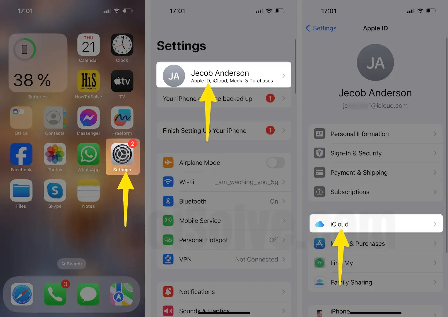 Launch the settings app tap on apple id profile name then select iCloud on iPhone