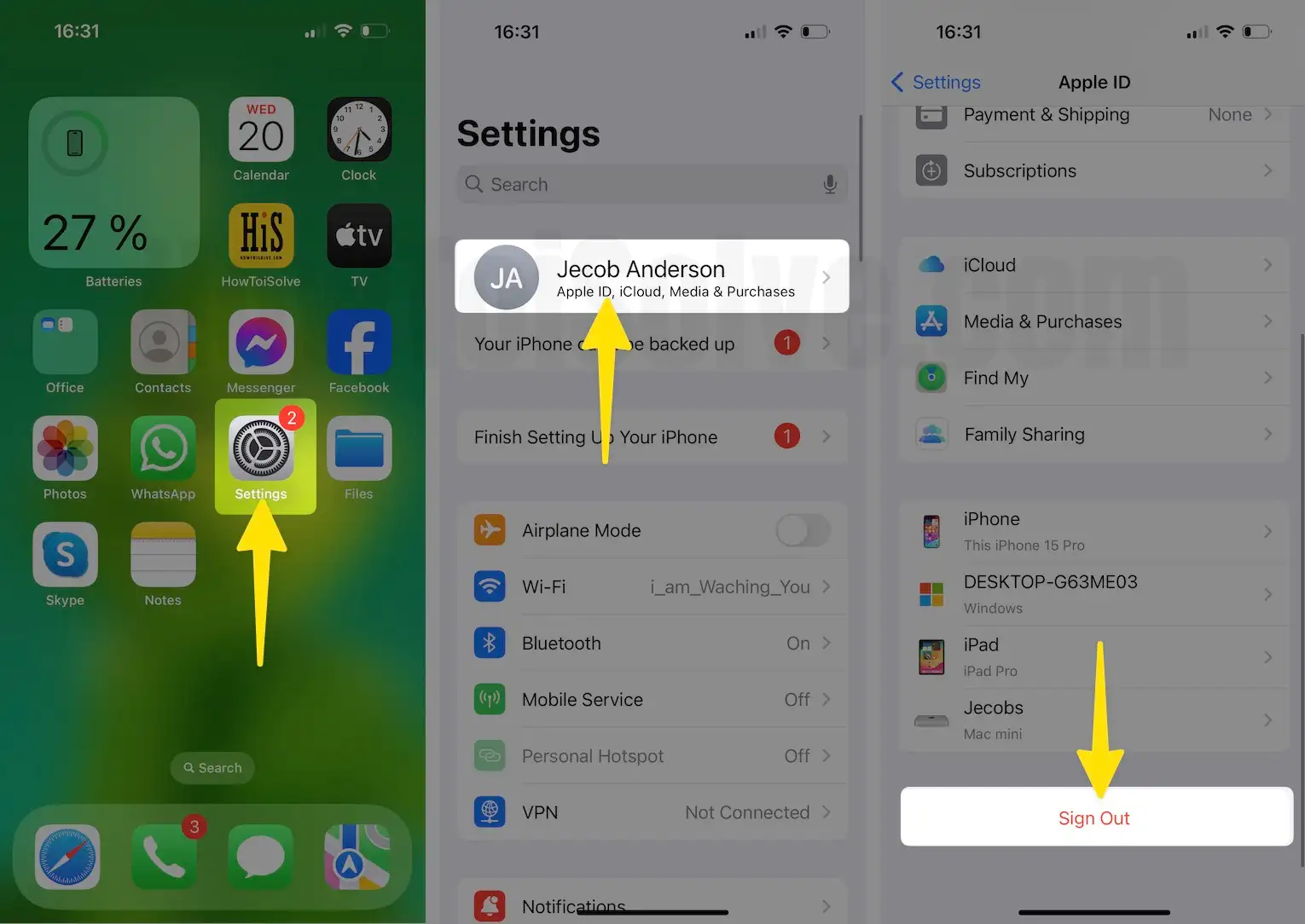 Launch the settings app tap on apple id profile name then select sign out on iPhone