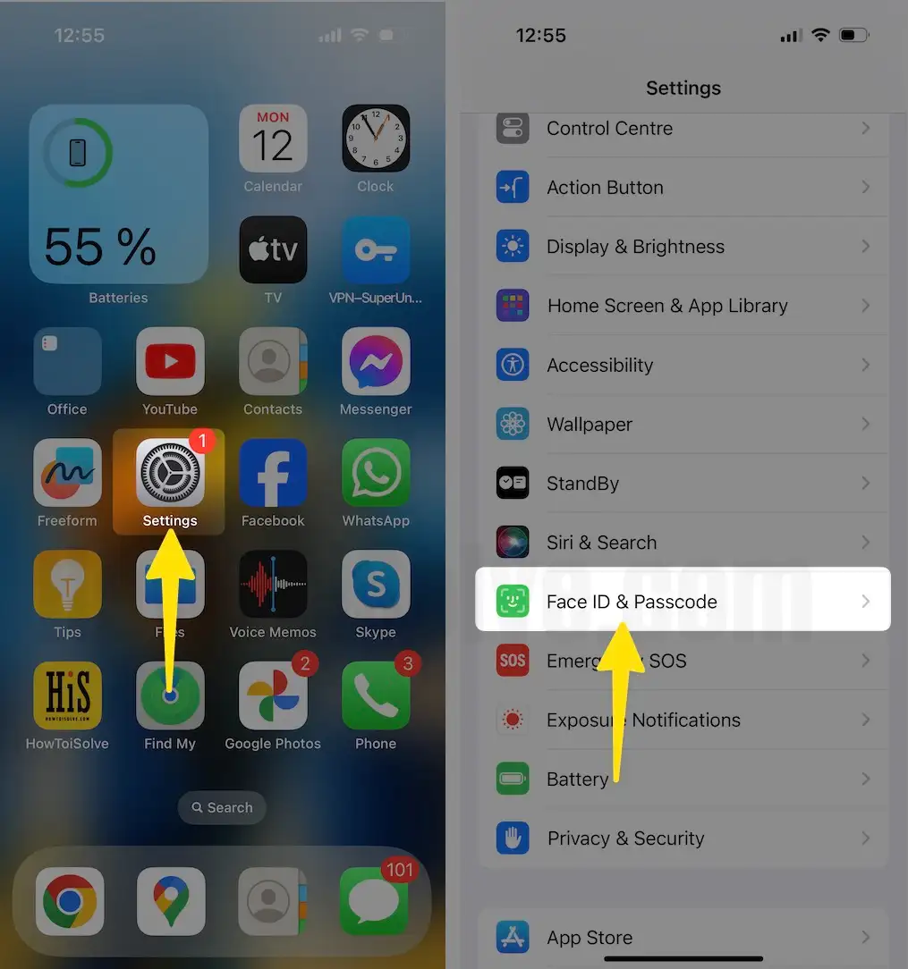 Open Settings App Tap on Face ID & Passcode on iPhone