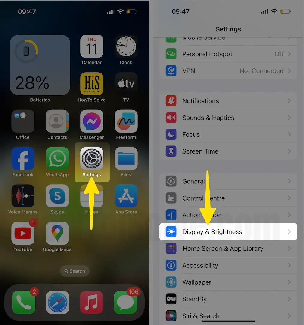 Open Settings Select Display & Brightness on iPhone