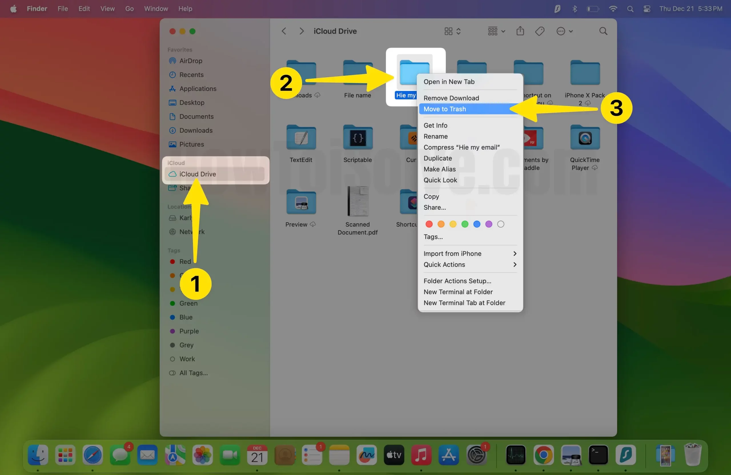 Open finder click iCloud drive select folder then move to trash on iPhone
