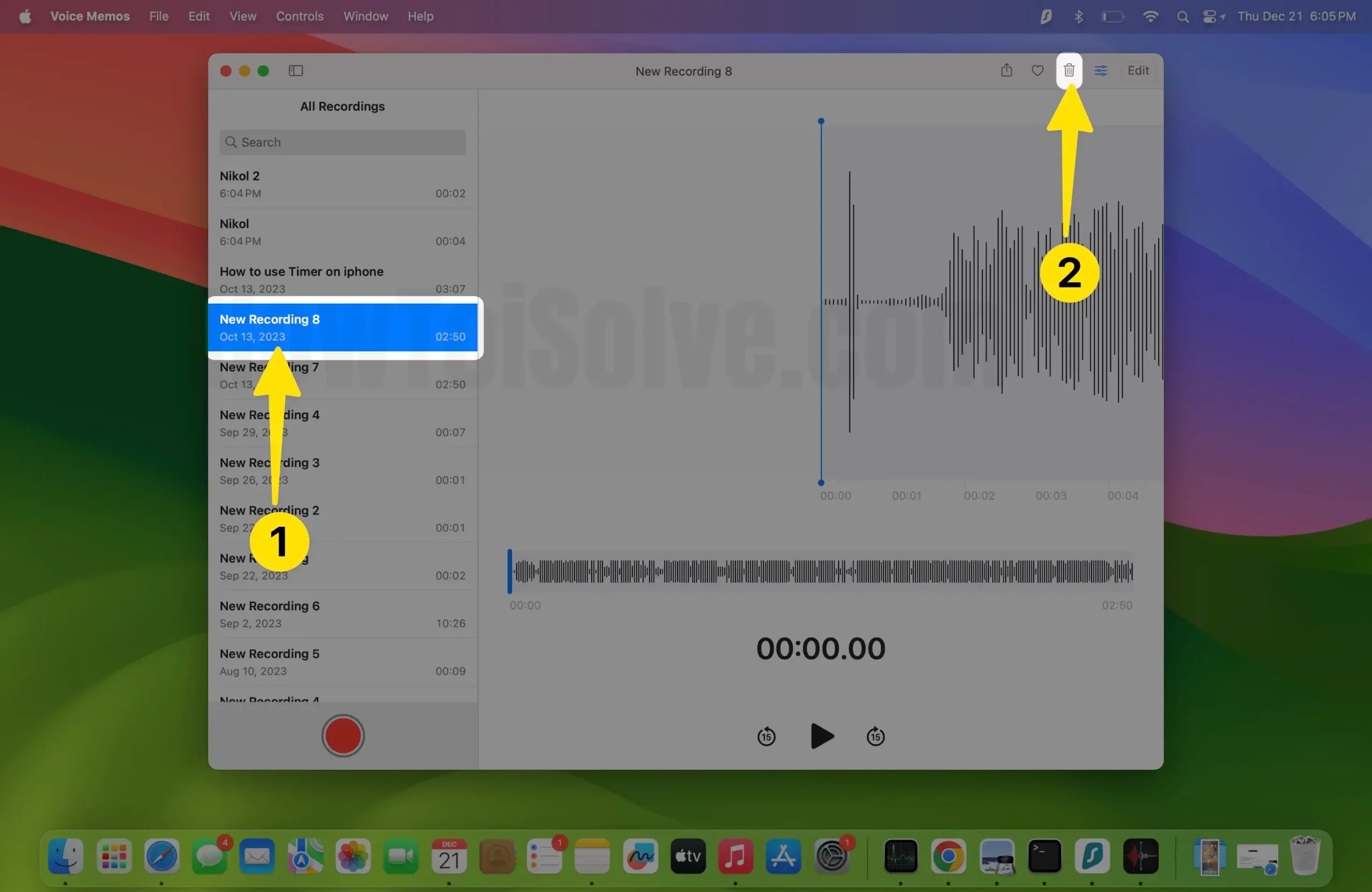 Open voice memos click recording then delete on mac
