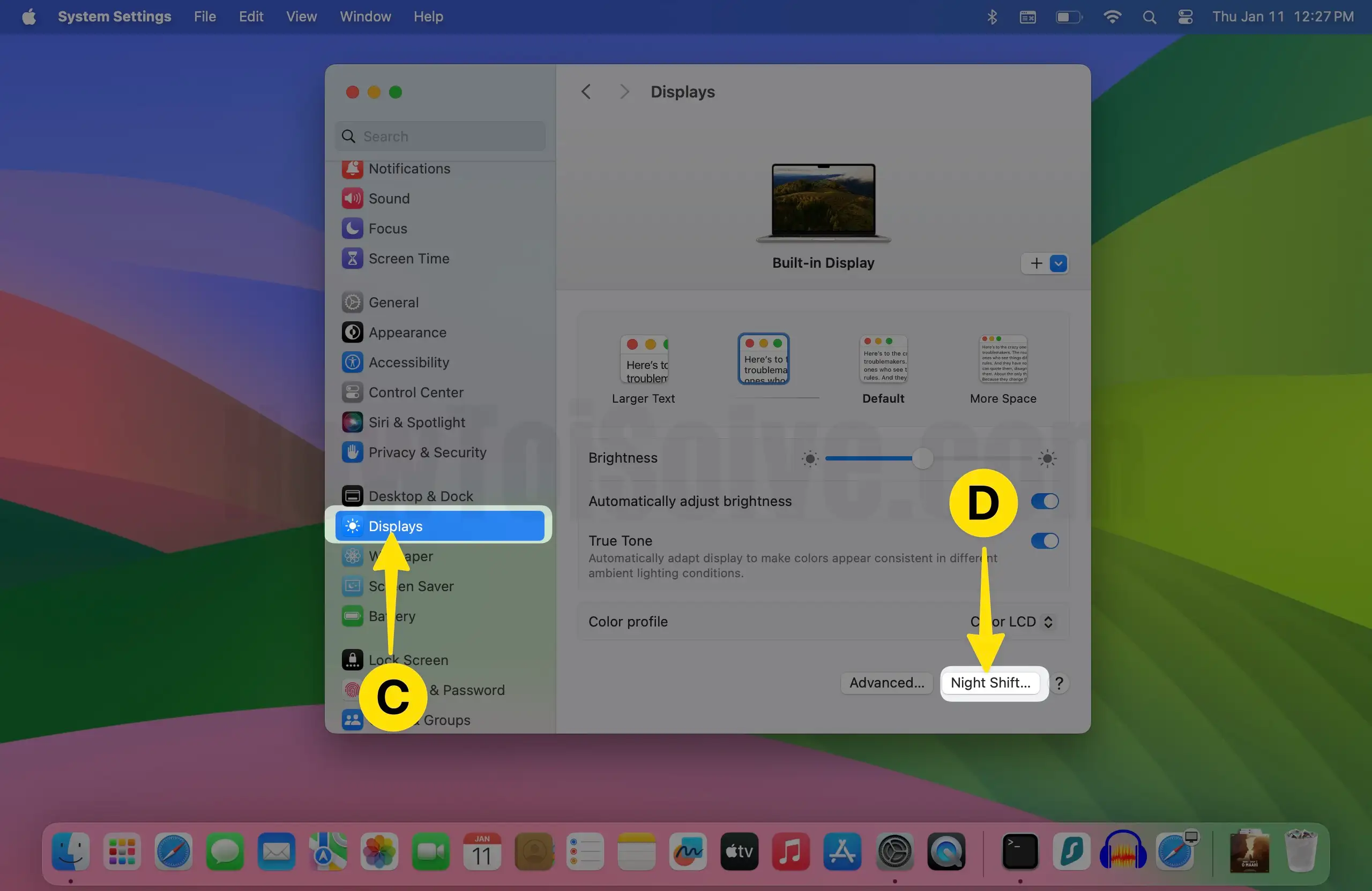Click on Display Select Night Shift on Mac